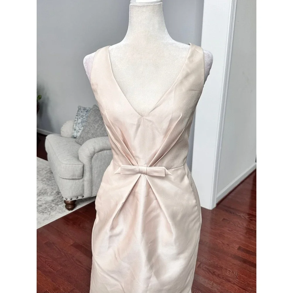 Alfred Sung Beige Champagne Satin Plunge Gown Dress with Pockets Size 8 - Picture 3 of 11